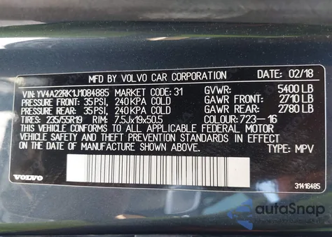 2018 Volvo Xc60 T6 Momentum z USA, uszkodzony, nr VIN YV4A22RK1J1084885